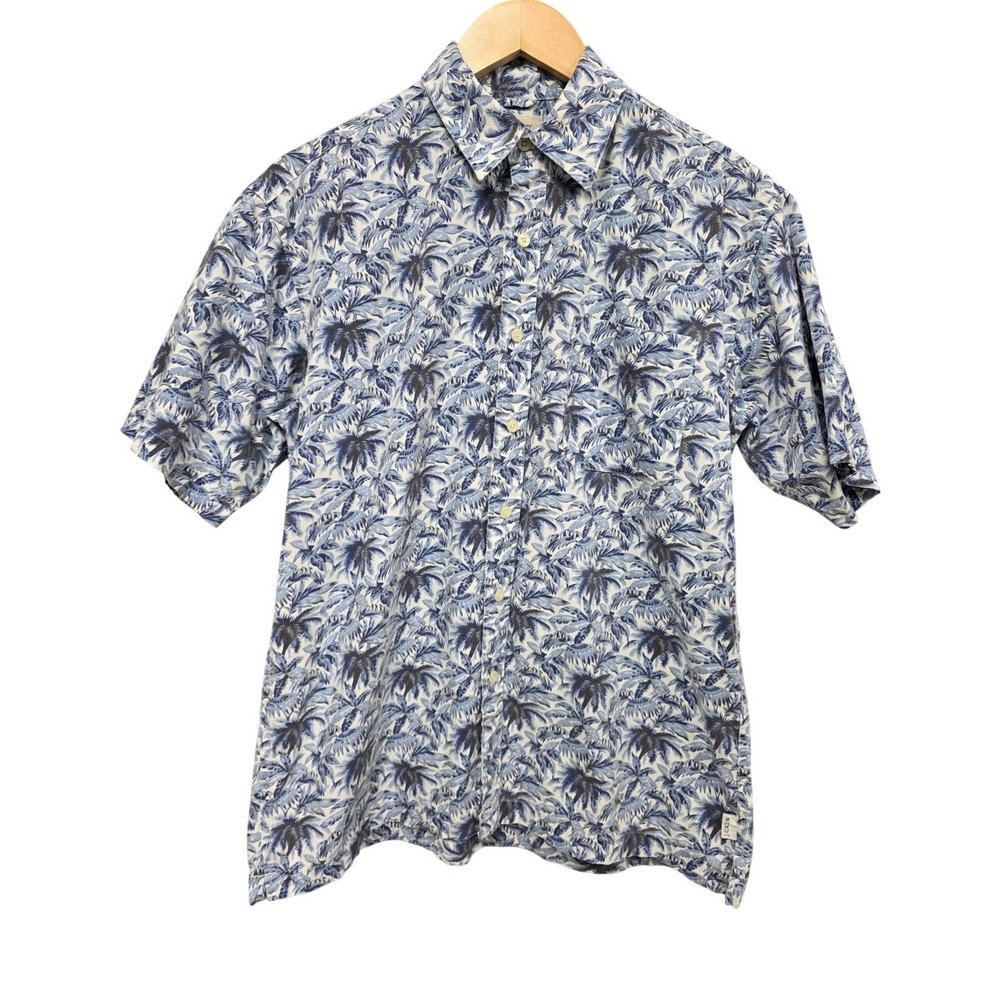 J. Crew Button Down Shirt Men S Blue White Palm Print Tropical Hawaiian Summer